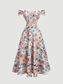 SHEIN MOD Off-Shoulder Floral Print Flared Midi Dress - Multicolor - View 3