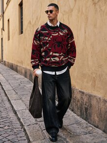 Ocevento 男士圓領長袖圖案細節休閒毛衣，街頭風，適用秋冬春季 - 彩色 - 查看 5