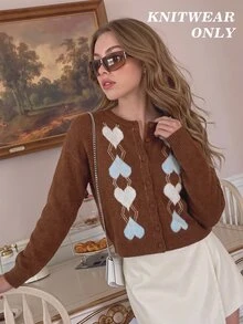 SHEIN MOD Brown And Blue Collegiate Style Romantic Preppy Argyle Heart Pattern Crew Neck Knit Cardigan Everyday Date Everyday Autumn Winter - Multicolor - View 7
