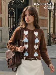 SHEIN MOD Brown And Blue Collegiate Style Romantic Preppy Argyle Heart Pattern Crew Neck Knit Cardigan Everyday Date Everyday Autumn Winter - Multicolor - View 4