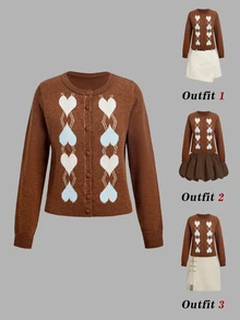 SHEIN MOD Brown And Blue Collegiate Style Romantic Preppy Argyle Heart Pattern Crew Neck Knit Cardigan Everyday Date Everyday Autumn Winter - Multicolor - View 1
