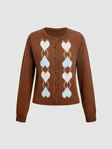 SHEIN MOD Brown And Blue Collegiate Style Romantic Preppy Argyle Heart Pattern Crew Neck Knit Cardigan Everyday Date Everyday Autumn Winter - Multicolor - View 8