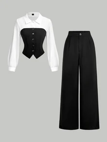SHEIN MOD Black & White Tube Top 2 In 1 Shirt & Suit Pants Set - Black and White - View 3