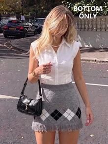 SHEIN MOD Tassel Collar Knit Mini Skirt Everyday School Grey Autumn Preppy Vintage - Grey - View 2