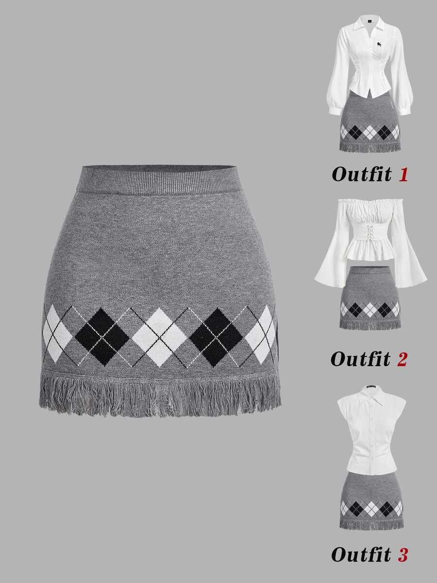 SHEIN MOD Tassel Collar Knit Mini Skirt Everyday School Grey Autumn Preppy Vintage - Grey - View 1