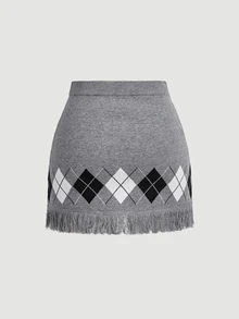 SHEIN MOD Tassel Collar Knit Mini Skirt Everyday School Grey Autumn Preppy Vintage - Grey - View 4