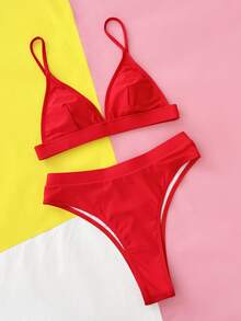 SHEIN Swim 2pcs Plain Color Minimalist Swimwear Set Summer - Red - View 5