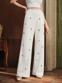 Anewsta Celana Jogging Kasual Elegan untuk Wanita dengan Dekorasi Rhinestone untuk Musim Gugur/Dingin, Cocok untuk Jalan-jalan, Pesta, dan Liburan - Putih - View 3