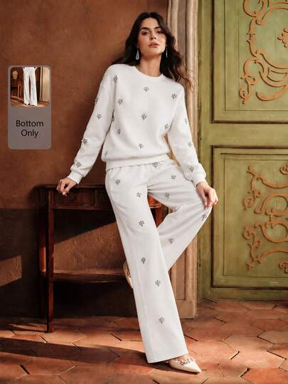 Anewsta Women's Elegant Fashion Casual Sweatpants With Rhinestone Decor For Autumn/Winter, Suitable For Outings, Parties And Holidays