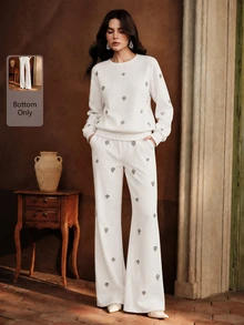 Anewsta Celana Jogging Kasual Elegan untuk Wanita dengan Dekorasi Rhinestone untuk Musim Gugur/Dingin, Cocok untuk Jalan-jalan, Pesta, dan Liburan - Putih - View 5
