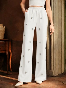 Anewsta Celana Jogging Kasual Elegan untuk Wanita dengan Dekorasi Rhinestone untuk Musim Gugur/Dingin, Cocok untuk Jalan-jalan, Pesta, dan Liburan - Putih - View 6