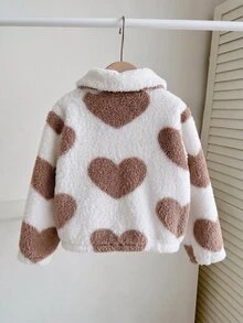 YOUNG GIRLS Heart Pattern Fuzzy Collar Zip-Up Jacket, Faux Pocket Decor Short Length Autumn/Winter Children's Clothing - Apricot - View 3