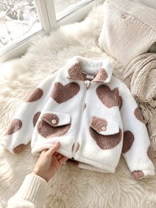 YOUNG GIRLS Heart Pattern Fuzzy Collar Zip-Up Jacket, Faux Pocket Decor Short Length Autumn/Winter Children's Clothing - Apricot - View 5