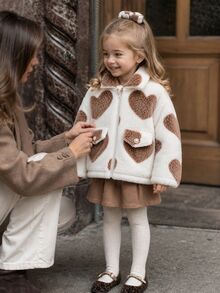YOUNG GIRLS Heart Pattern Fuzzy Collar Zip-Up Jacket, Faux Pocket Decor Short Length Autumn/Winter Children's Clothing - Apricot - View 2