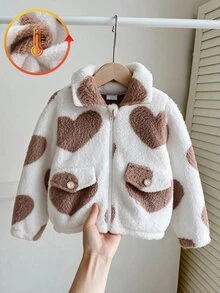YOUNG GIRLS Heart Pattern Fuzzy Collar Zip-Up Jacket, Faux Pocket Decor Short Length Autumn/Winter Children's Clothing - Apricot - View 9