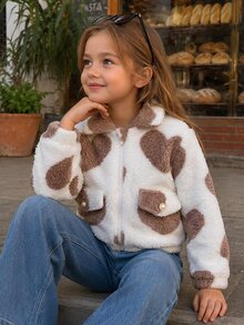 YOUNG GIRLS Heart Pattern Fuzzy Collar Zip-Up Jacket, Faux Pocket Decor Short Length Autumn/Winter Children's Clothing - Apricot - View 8