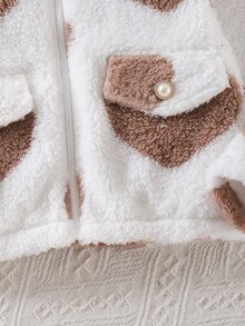 YOUNG GIRLS Heart Pattern Fuzzy Collar Zip-Up Jacket, Faux Pocket Decor Short Length Autumn/Winter Children's Clothing - Apricot - View 10