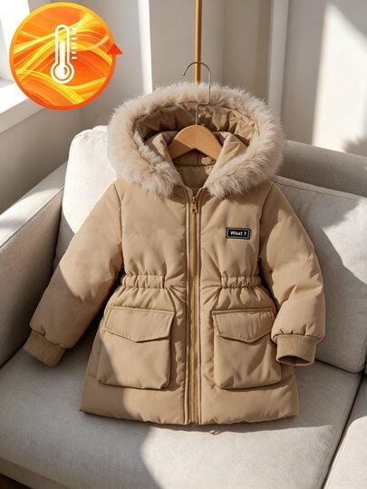 Fashionable Cute Winter Girls Casual Khaki Hooded Mid-Length Cotton Coat, Hooded Fur Trim, Polar Fleece Lining, Elastic Waistband, Pocket Flap And Pocket Decoration, Loose Fit, Comfortable Cotton Coat, Suitable For Autumn/Winter Wear.