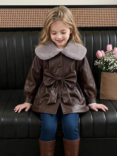 SHEIN Elladie kids معاطف الفتيات الصغيرات بفيونكة، الخريف والشتاء، أنماط الخريف الجديدة معاطف الفرو من الصوف والسميكة معاطف أنيقة بفيونكة ثلاثية الأبعاد