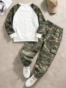 Boys' Regular Shoulder Round Neck Long Sleeve Sweatshirt And Cuffed Cargo Pants - Multicolor - View 2