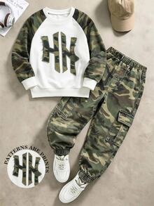 Boys' Regular Shoulder Round Neck Long Sleeve Sweatshirt And Cuffed Cargo Pants - Multicolor - View 1