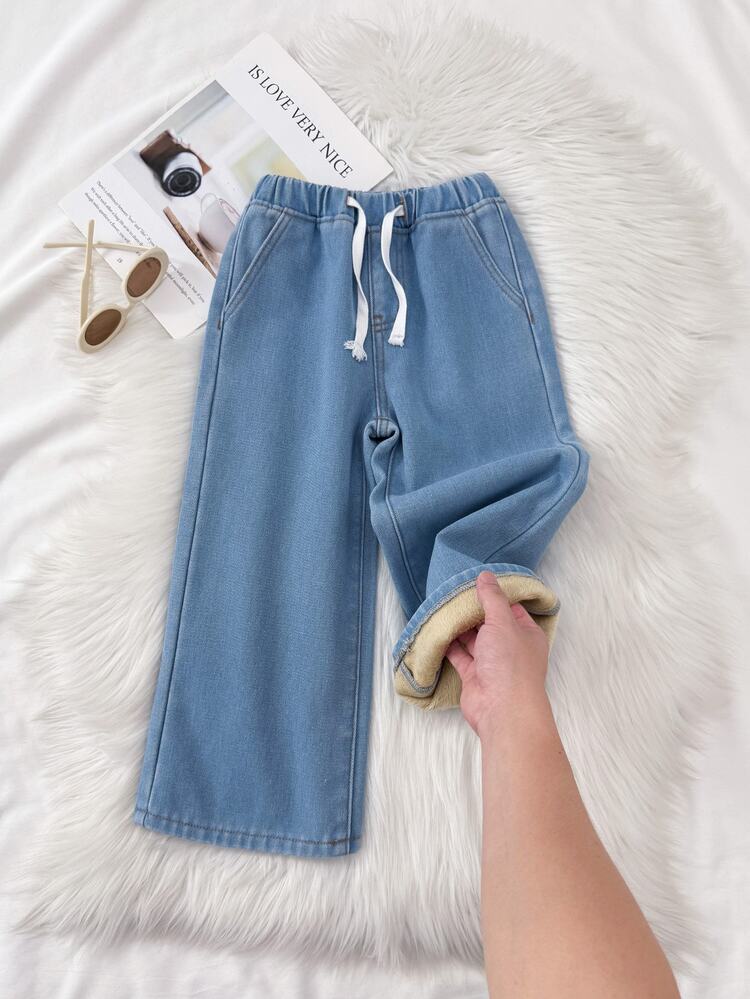 SHEIN Kids Tween Girl Light Blue Ruffled Bottom Warmth-Friendly Loose-Fitting Denim Jeans For Black To School Autumn Winter - Blue - View 6