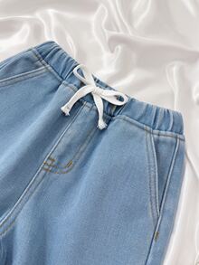 SHEIN 兒童青少年女孩淺藍色荷葉邊下擺保暖舒適寬鬆牛仔長褲，黑色，適合上學、秋冬穿著 - 藍色 - 查看 7