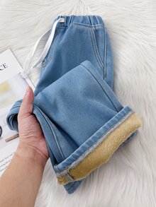 SHEIN 兒童青少年女孩淺藍色荷葉邊下擺保暖舒適寬鬆牛仔長褲，黑色，適合上學、秋冬穿著 - 藍色 - 查看 8