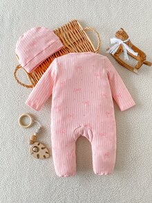 SHEIN 秋冬新生兒蝴蝶結印花可愛嬰兒連身衣 + 帽子 - 粉色 - 查看 2