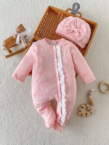 SHEIN 秋冬新生兒蝴蝶結印花可愛嬰兒連身衣 + 帽子 - 粉色 - 查看 8