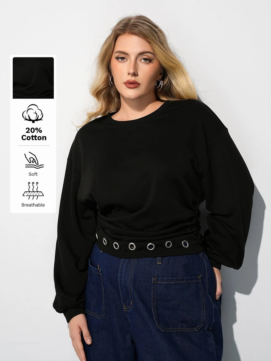 Maija Plus Size Women Solid Color Round Neck Drop Shoulder Long Sleeve Eyelet Design Casual Sweatshirt - Khaki - View 1