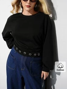 Maija Plus Size Women Solid Color Round Neck Drop Shoulder Long Sleeve Eyelet Design Casual Sweatshirt - Khaki - View 1