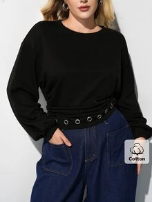 Maija Plus Size Women Solid Color Round Neck Drop Shoulder Long Sleeve Eyelet Design Casual Sweatshirt - Khaki - View 3