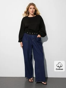 Maija Plus Size Women Solid Color Round Neck Drop Shoulder Long Sleeve Eyelet Design Casual Sweatshirt - Khaki - View 6