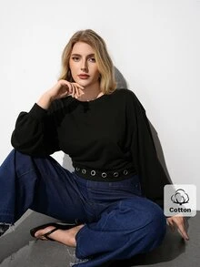 Maija Plus Size Women Solid Color Round Neck Drop Shoulder Long Sleeve Eyelet Design Casual Sweatshirt - Khaki - View 5