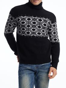 Manfinity LEGND Men's Geometric Pattern Colorblock Turtleneck Sweater, Casual For Autumn/Winter - Multicolor - View 6