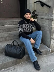 Manfinity LEGND Men's Geometric Pattern Colorblock Turtleneck Sweater, Casual For Autumn/Winter - Multicolor - View 1