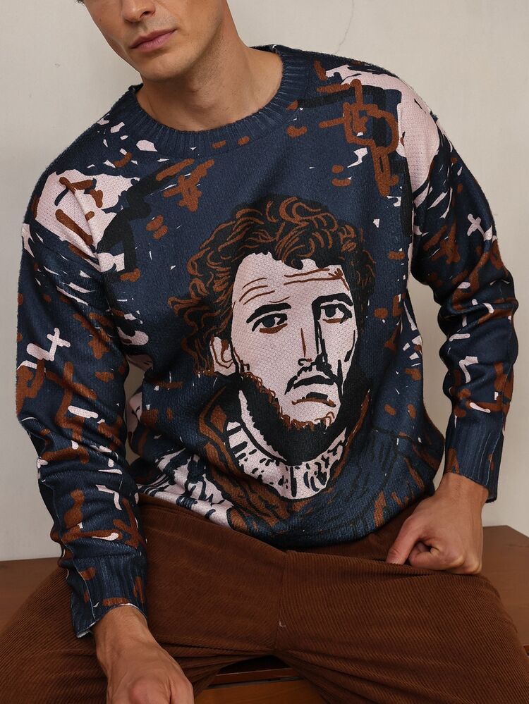 Manfinity LEGND Men's Fashionable Figure Print Sweater, Autumn/Winter - Apricot - View 3