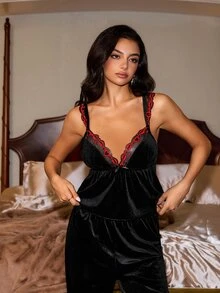 Slumberist Vintage Velvet Draped Atmosphere Home Pajama Set - Black - View 6