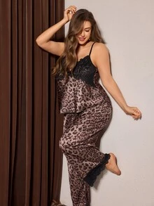 Slumberist Minimalist Sexy Style Vintage Leopard Print Satin Lace Patchwork Cami & Long Pants Loungewear Set - Multicolor - View 2