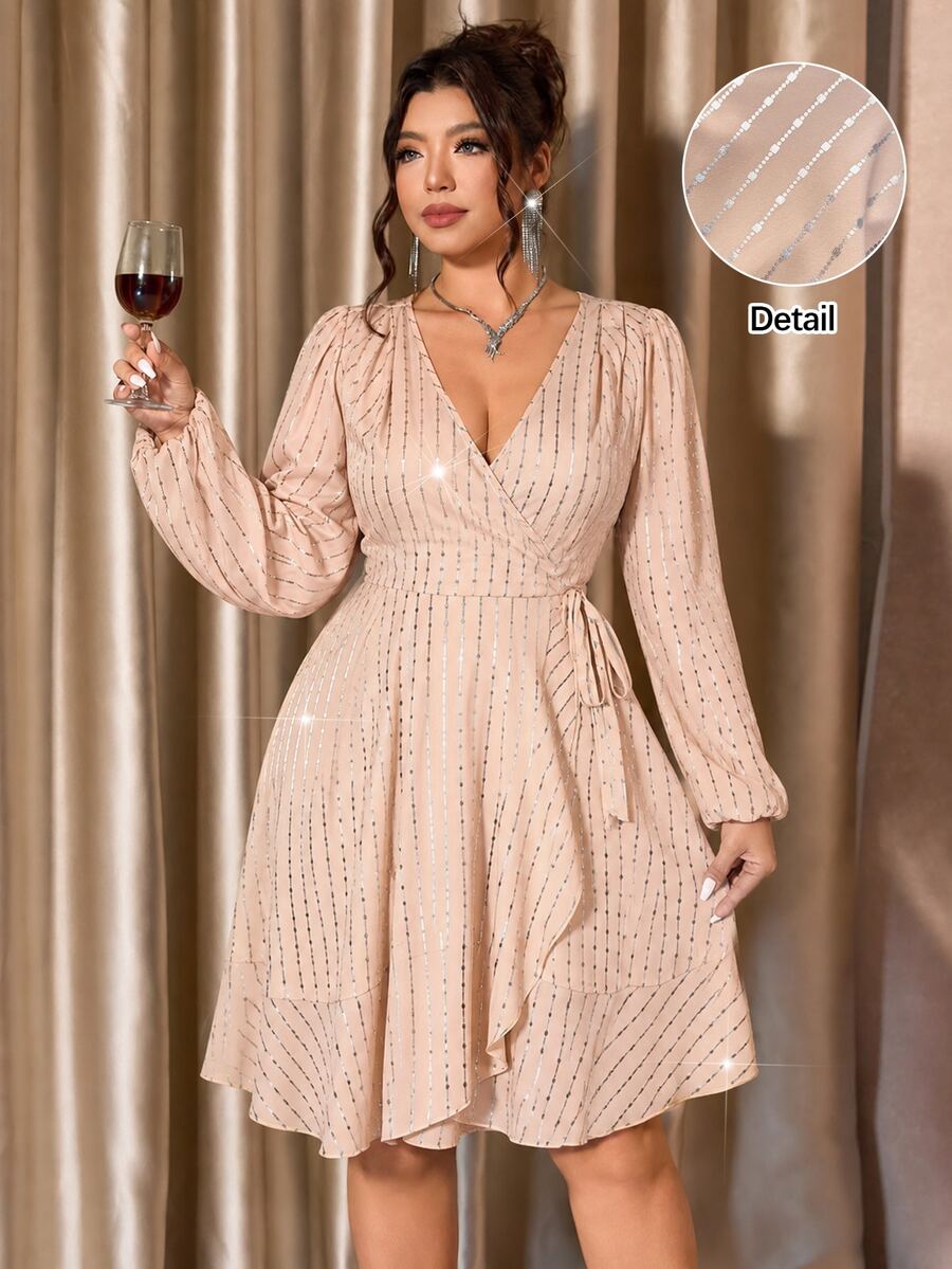 Cravure Plus Size Women Pink Gold Foil Fabric Wrap Style Ruffle Hem Long Sleeve Short Dress Party Cocktail Formal Elegant Autumn - Apricot - View 1