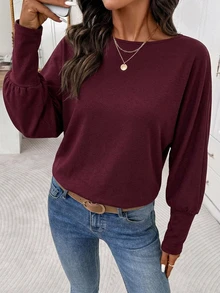 Editum 95%棉女款圓領羊腿袖紅色T恤，休閒極簡復古優雅通勤百搭保暖女秋季上衣，秋季穿搭，女通勤穿搭，百搭上衣，外出穿搭，機場穿搭 - 酒紅色 - 查看 3