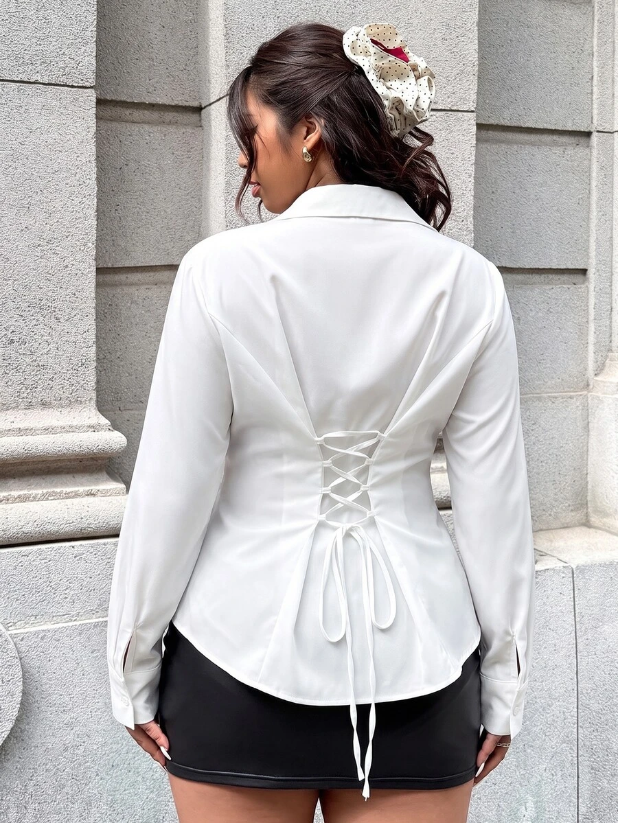 GalTyme Women's Plus Size Front Button Long Sleeve Shirt - White - View 1