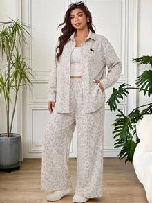 SHEIN EZwear 大尺碼女款豹紋馬術長袖上衣與長褲兩件套 秋季 - 彩色 - 查看 7