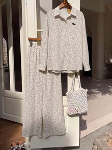 SHEIN EZwear 大尺碼女款豹紋馬術長袖上衣與長褲兩件套 秋季 - 彩色 - 查看 2