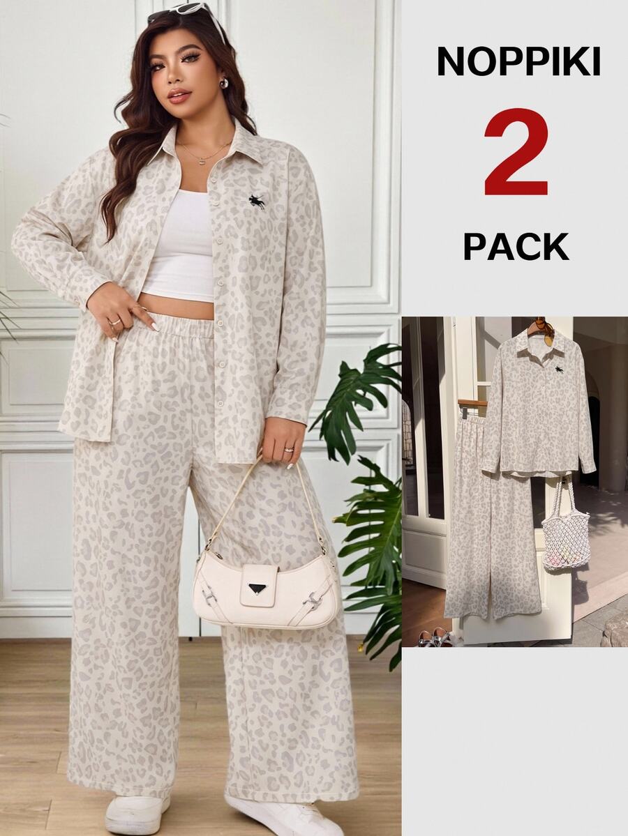 SHEIN EZwear 大尺碼女款豹紋馬術長袖上衣與長褲兩件套 秋季 - 彩色 - 查看 1