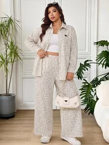 SHEIN EZwear 大尺碼女款豹紋馬術長袖上衣與長褲兩件套 秋季 - 彩色 - 查看 5
