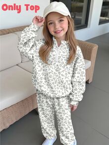 女童秋季粉色豹紋半拉鍊運動衫，休閒動物圖案立領套頭上衣，舒適秋季穿著 - 彩色 - 查看 3