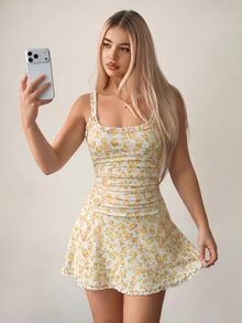 SHEIN ICON 女款花卉荷葉邊法式少女風波希米亞仙女風細肩帶迷你洋裝 白色花卉 夏日野餐度假風 - 黃色 - 查看 4