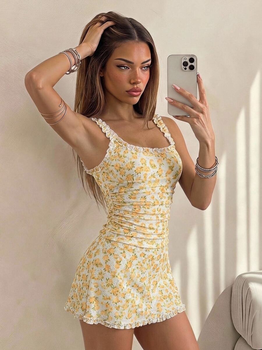 SHEIN ICON 女款花卉荷葉邊法式少女風波希米亞仙女風細肩帶迷你洋裝 白色花卉 夏日野餐度假風 - 黃色 - 查看 1